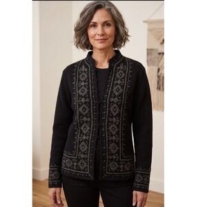 Marconi Cardigan Sweater Women‎ L Black Lambswool Embroidered Mock Neck Iceland